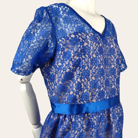 Vintage 1960s Sapphire Lace Cocktail Dress MOD MCM Hostess Dress Jewel Blue Maxi - Picture 6 of 11